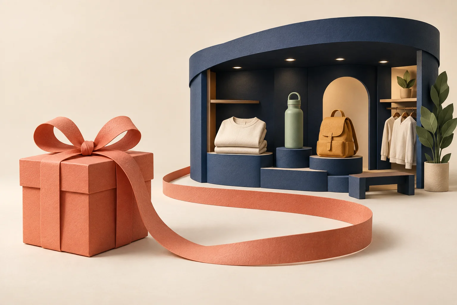 Paper-sculpture illustration of a coral gift box connected by a looping ribbon to a navy miniature company store displaying apparel, a bottle and a backpack.