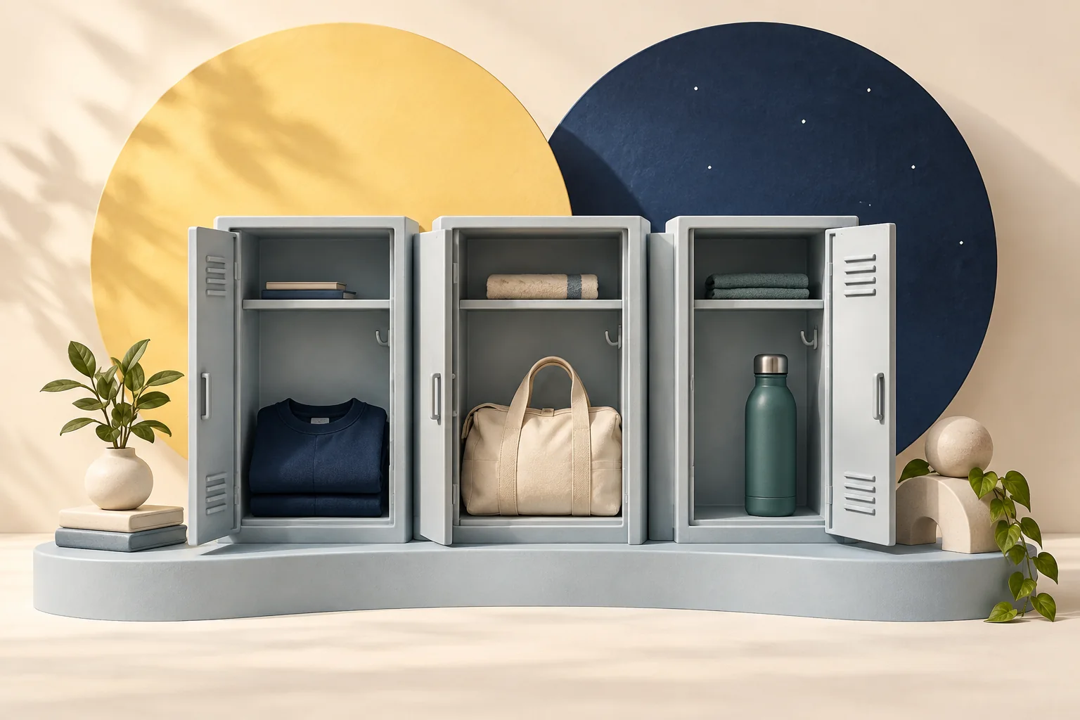 Three open miniature staff lockers hold a navy sweatshirt, cream bag and teal bottle, backed by yellow daytime and navy nighttime discs.