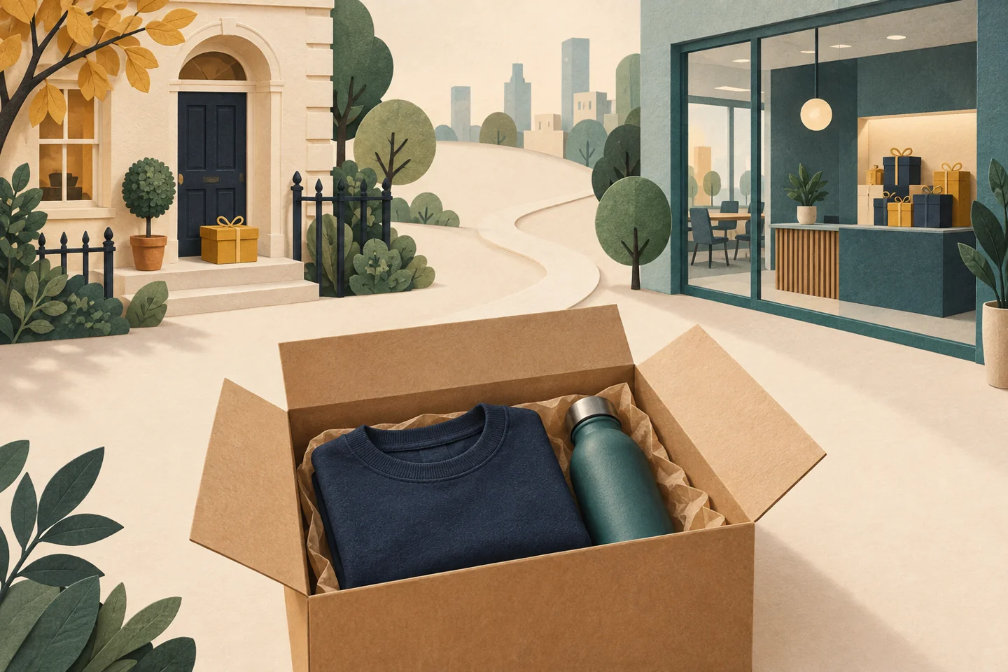 A gift parcel at a townhouse and a group of gifts at an office reception, with an open carton holding a navy sweatshirt and teal bottle in front.