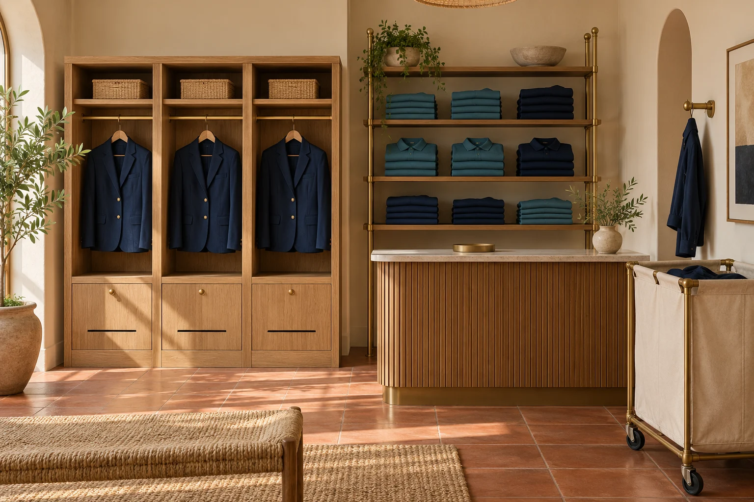 Conceptual miniature hotel uniform room with individual jacket lockers, shared folded-shirt shelves and a separate return hamper.