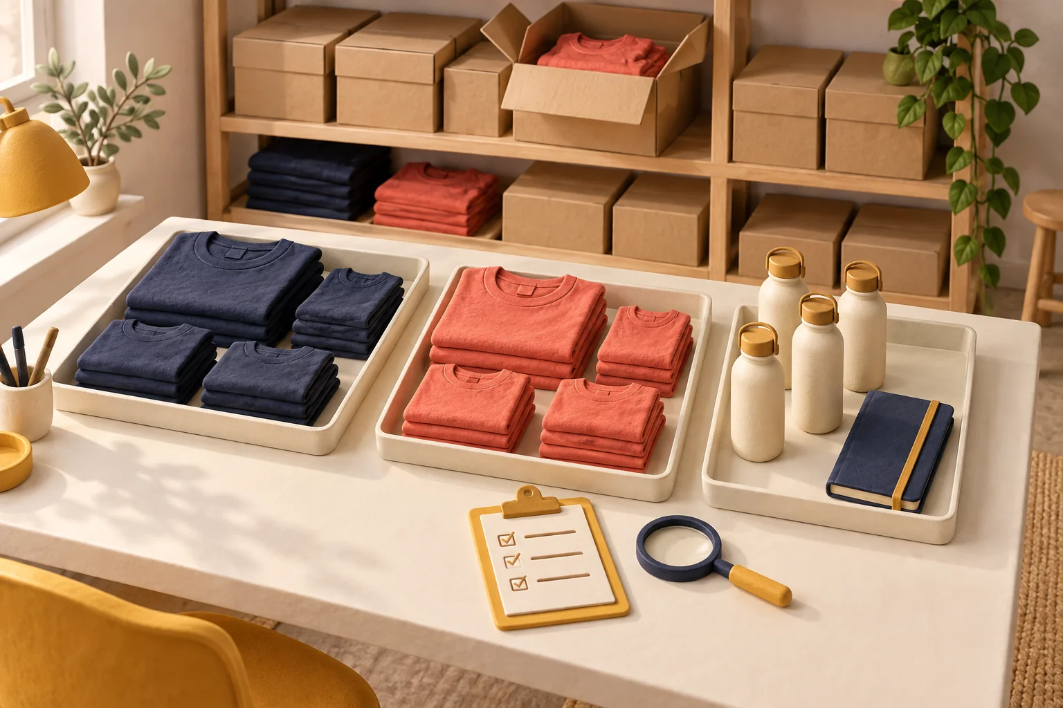 Conceptual merchandise stockroom with navy and coral shirts sorted into trays, cream bottles, a notebook, and a yellow checklist beside a magnifying glass.