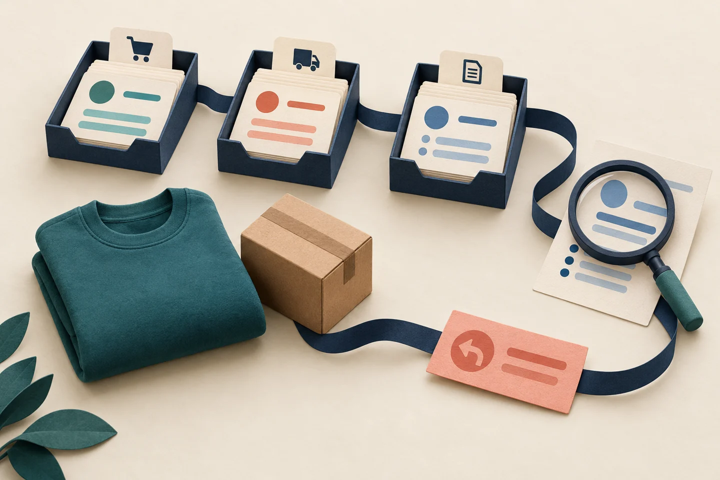Editorial illustration of linked order, shipment and invoice trays beside a teal sweatshirt, shipping box, magnifying glass and coral return slip.