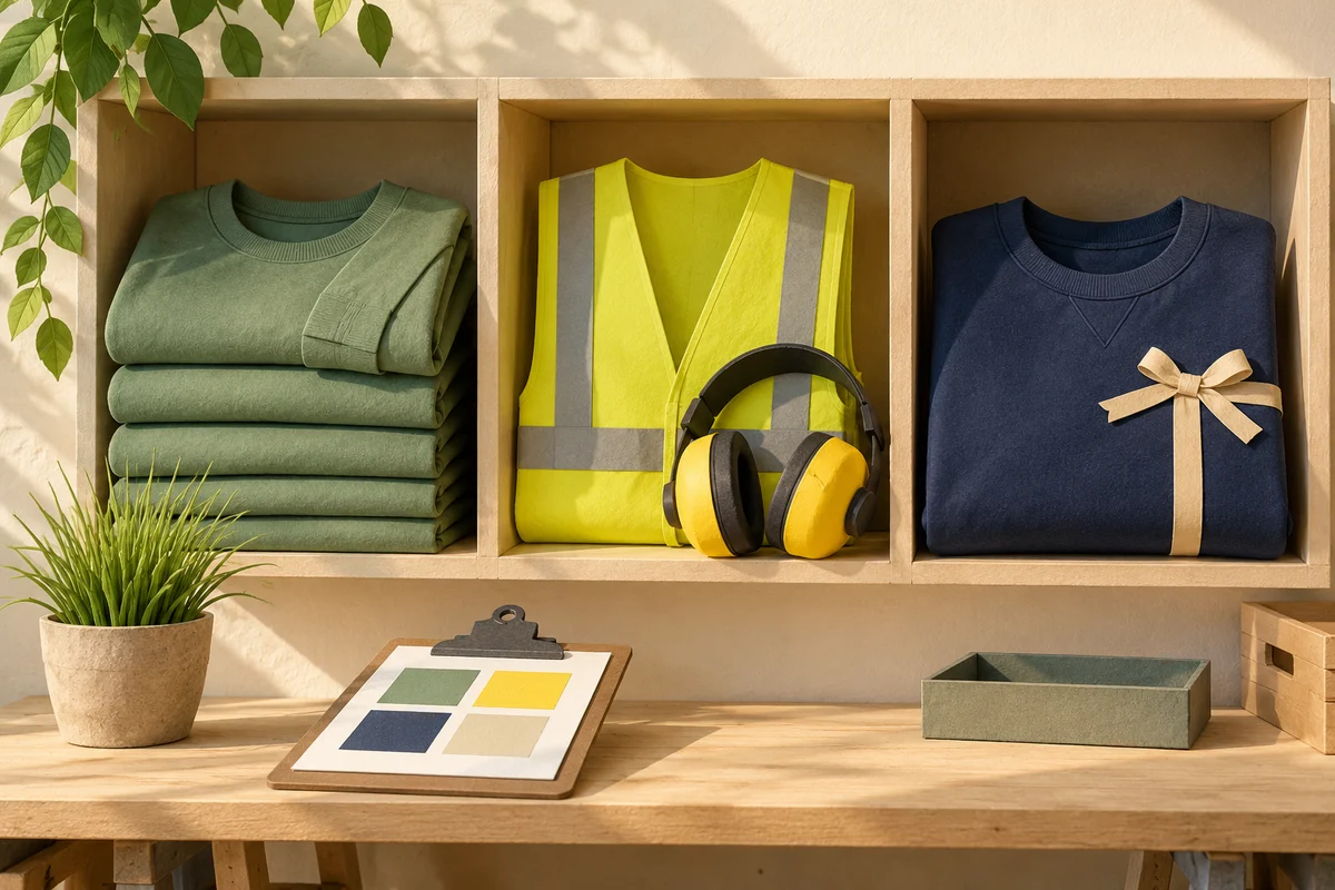 Conceptual illustration of separate cubbies holding green crew shirts, a yellow vest and earmuffs, and a ribbon-wrapped navy gift sweatshirt.