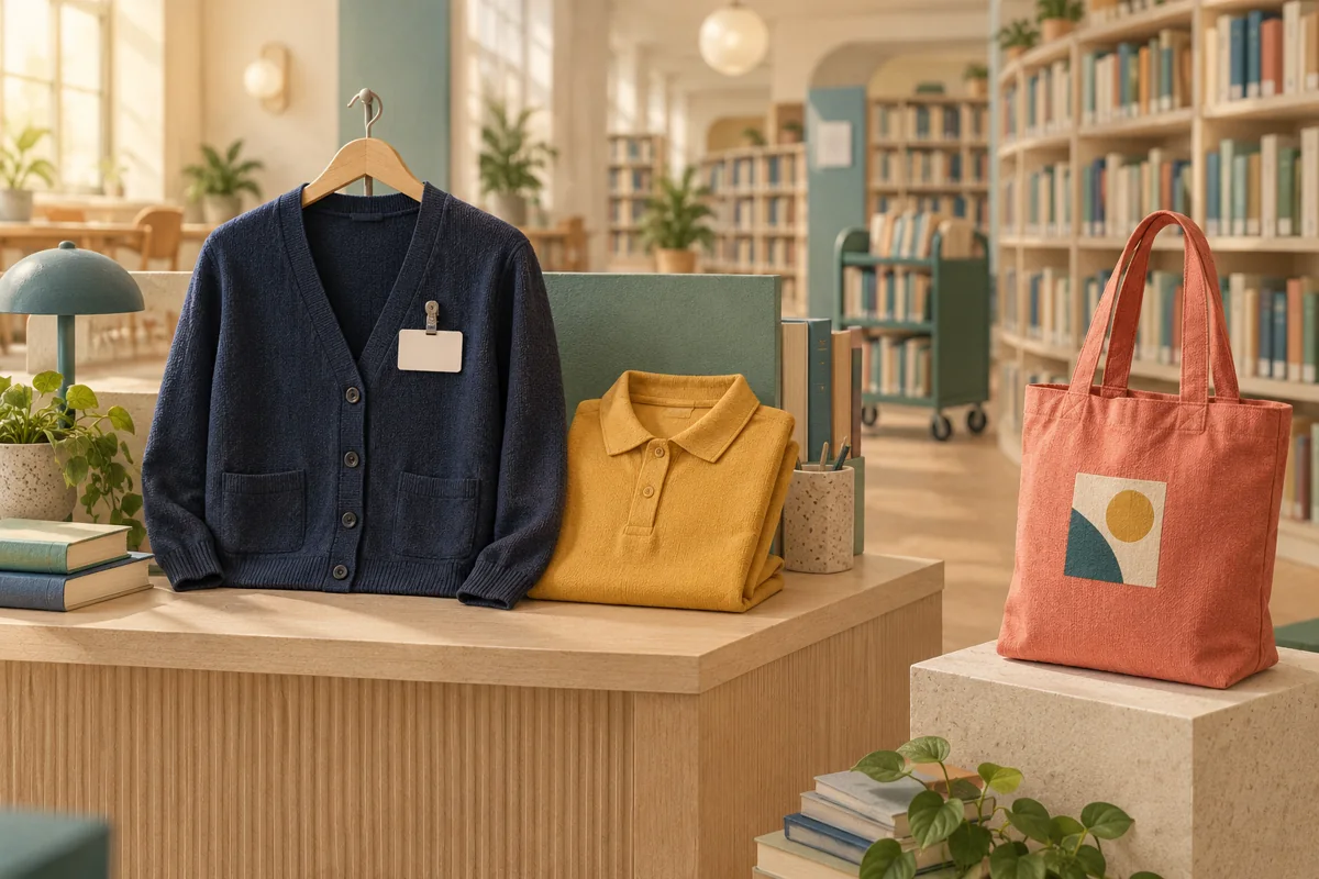 Miniature library scene with a navy cardigan and visible blank badge, a folded mustard polo, and a coral supporter tote on a separate display.