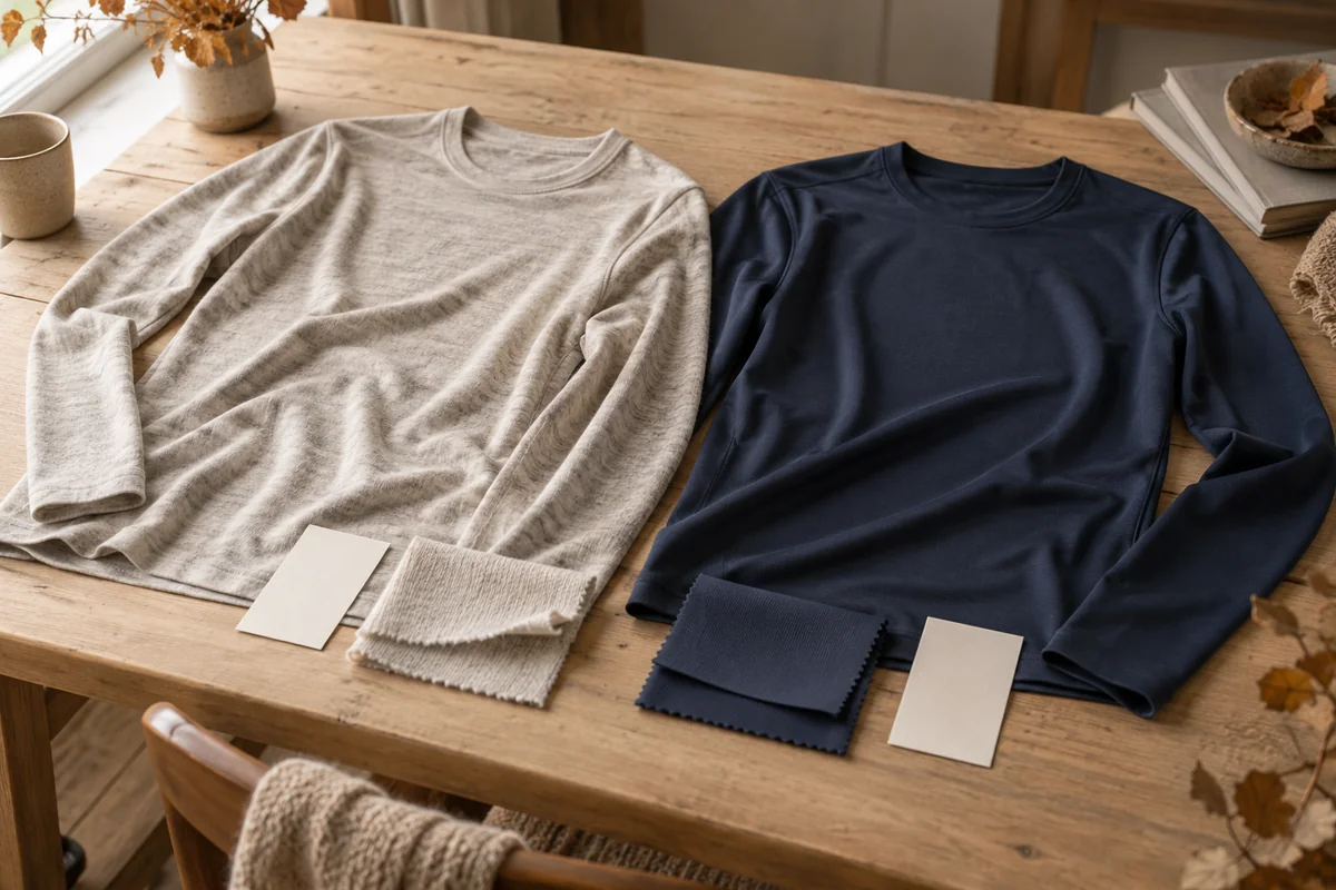 Oatmeal and navy unbranded base-layer tops draped on a pale wood table with matching fabric swatches and blank care cards.