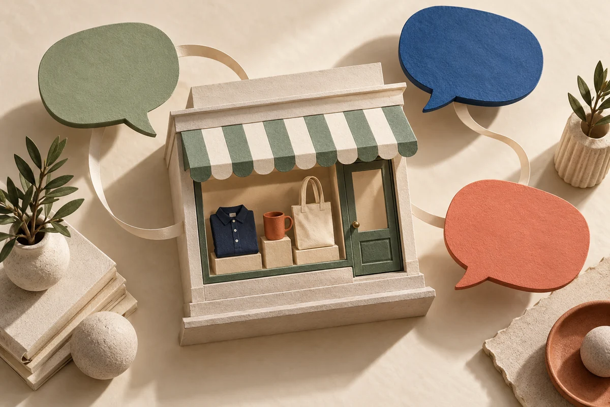 Handcrafted miniature merchandise storefront surrounded by colorful blank speech bubbles and connecting paper ribbons.