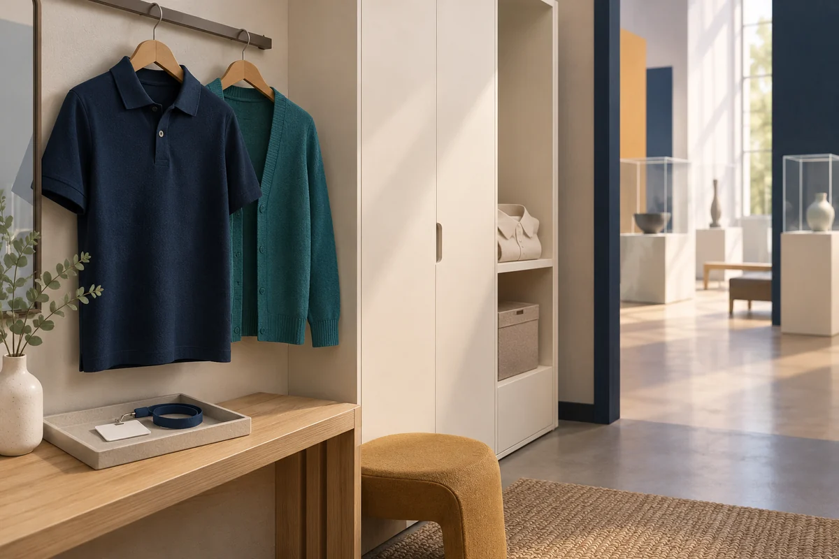 Conceptual museum staff changing alcove with a navy polo, teal cardigan, badge tray and separate cabinet beside a gallery doorway.