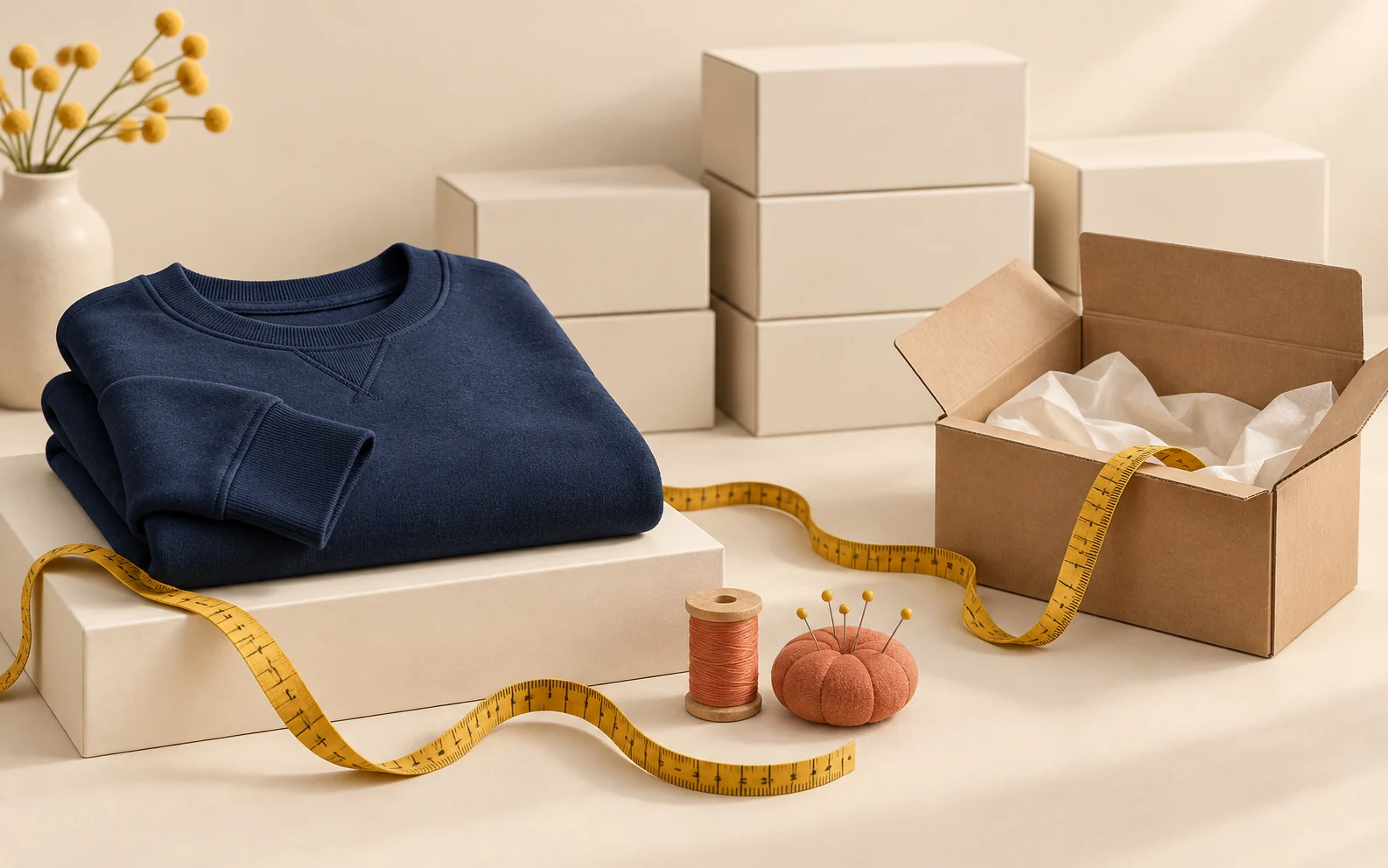 Conceptual still life of one navy sweatshirt, coral thread, a yellow measuring tape and an open shipping carton beside stacked cream boxes.