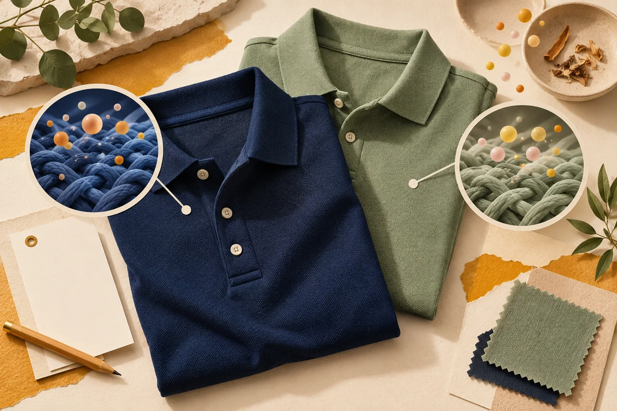 Conceptual textile collage of navy and sage polos with magnified woven fibers and abstract odor dots, beside a blank specification card.