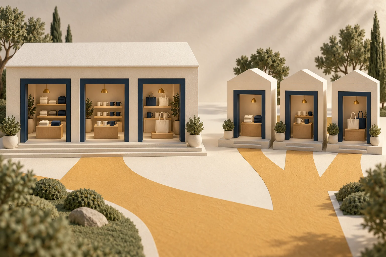 Conceptual miniature of one merchandise pavilion with three entrances beside three separate small storefronts, connected by golden pathways.