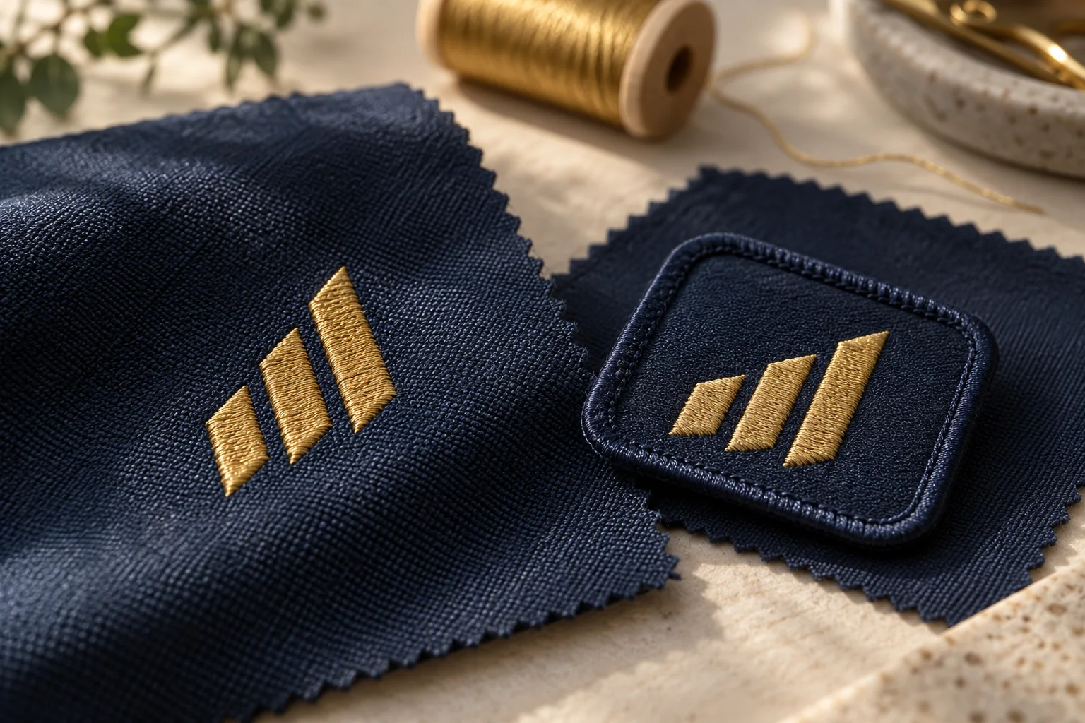 Conceptual close-up of gold stitches directly on navy fabric beside a separate bordered embroidered patch and a thread spool.