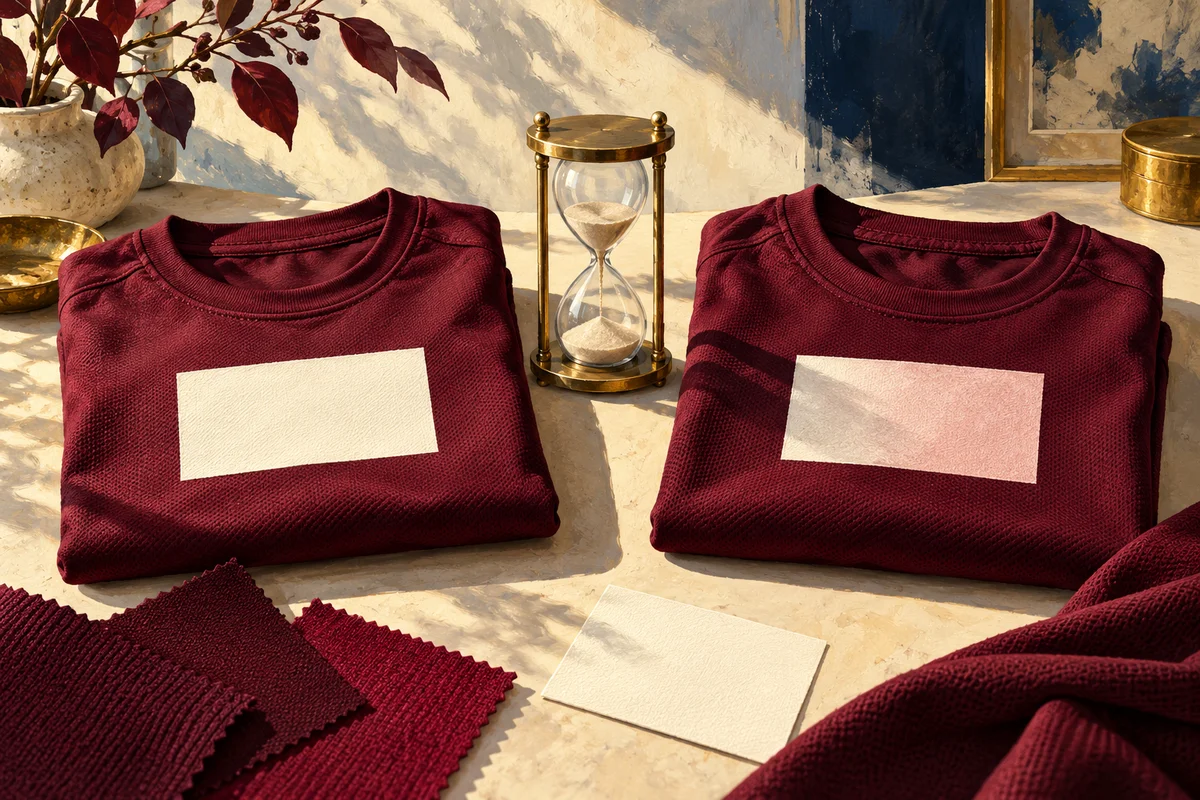 Editorial illustration of two burgundy shirts with ivory and pink-tinted print swatches, separated by a brass hourglass.