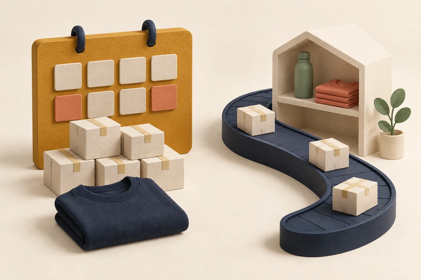 Sculptural calendar with grouped parcels and a navy sweatshirt beside a winding track of individual parcels and a miniature merchandise shelf.