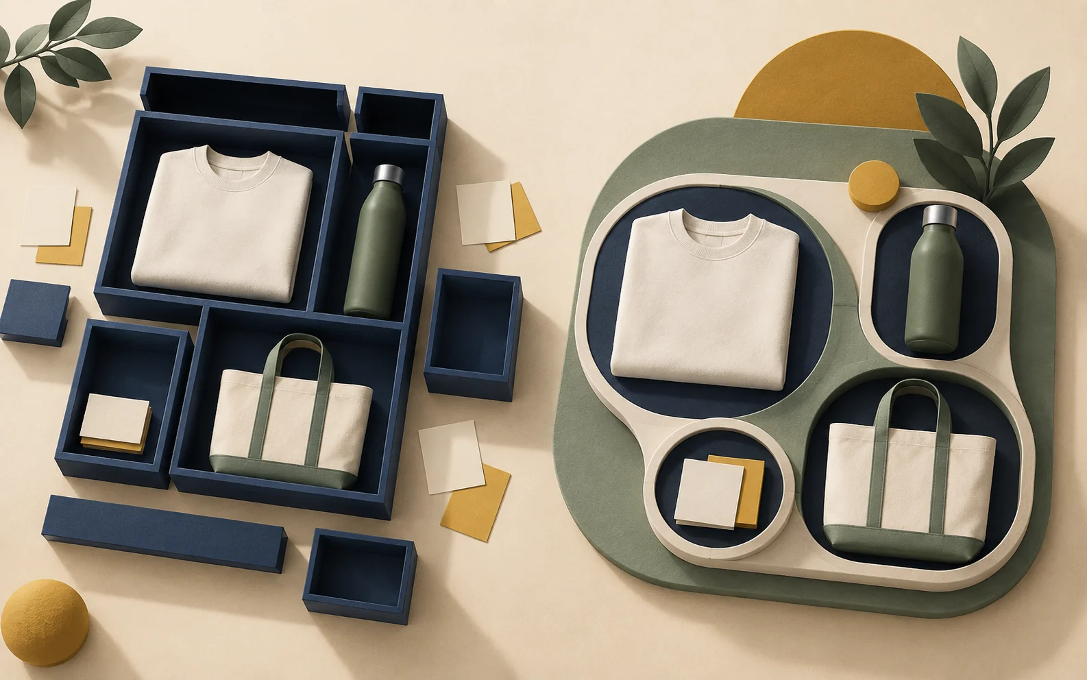 Matching sweatshirts, bottles and totes arranged in separate navy modules and one rounded sage display, illustrating two store-management approaches.