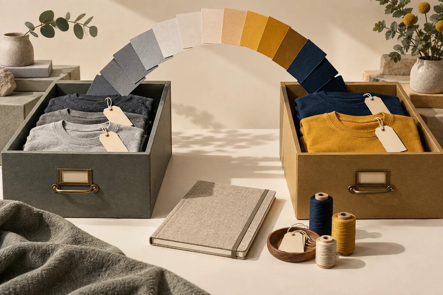 An arch of color swatches connects drawers of gray and navy-and-yellow shirts, illustrating a considered merchandise rebrand.