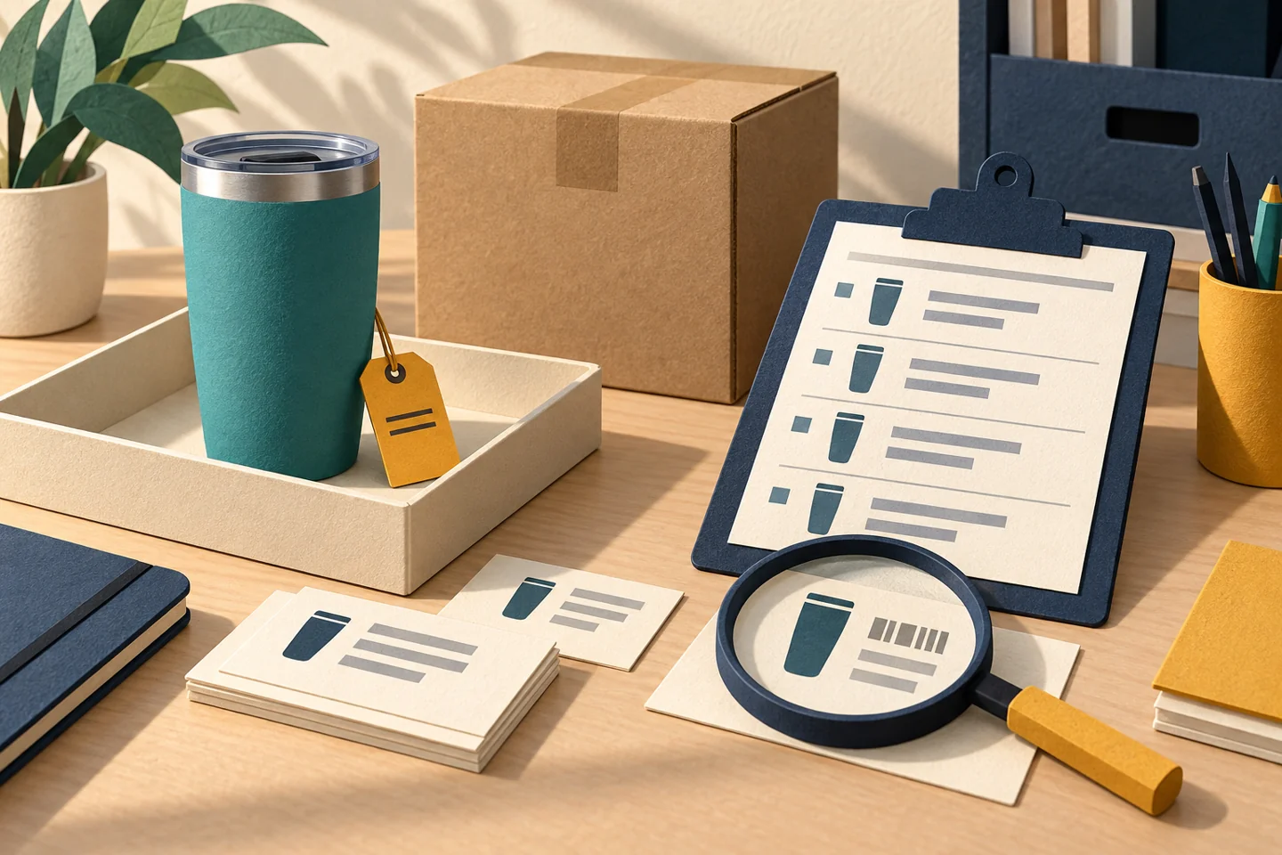 Conceptual paper-textured illustration of a teal tumbler in a separate tray beside order records, a shipping carton and a magnifying glass.