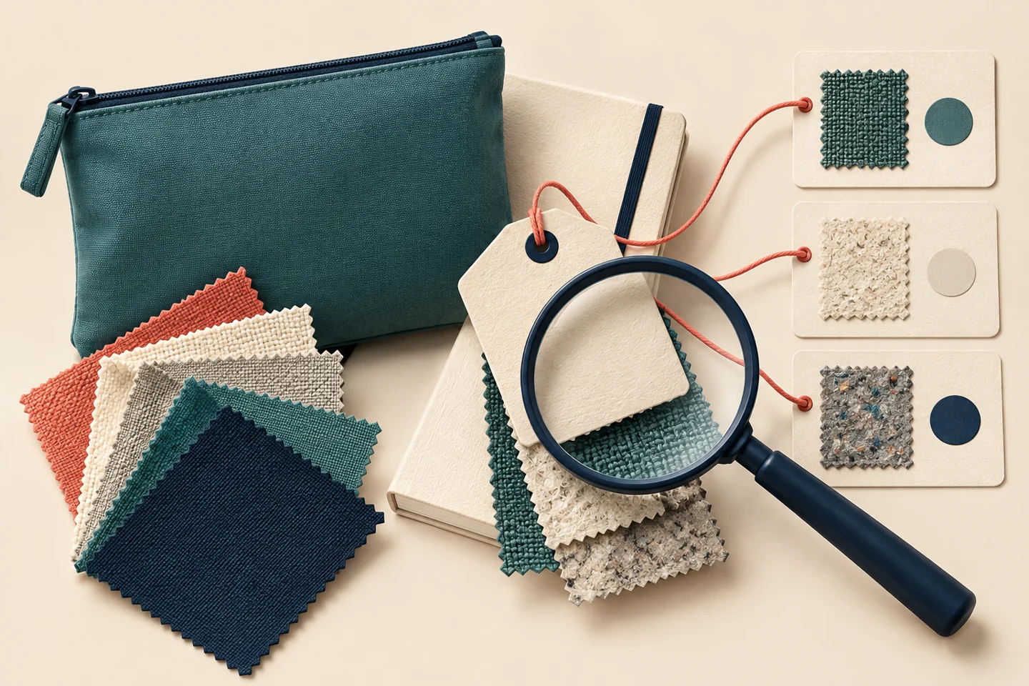 Conceptual material-evidence illustration with a teal pouch, cream notebook, textile swatches and a navy magnifying glass connected to sample cards by coral threads.