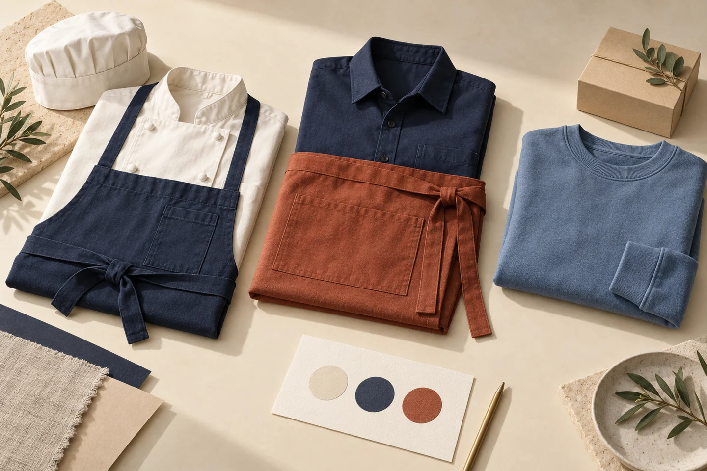 Editorial arrangement of a chef jacket and navy apron, a service shirt and rust apron, and a separate blue sweatshirt with a gift box.