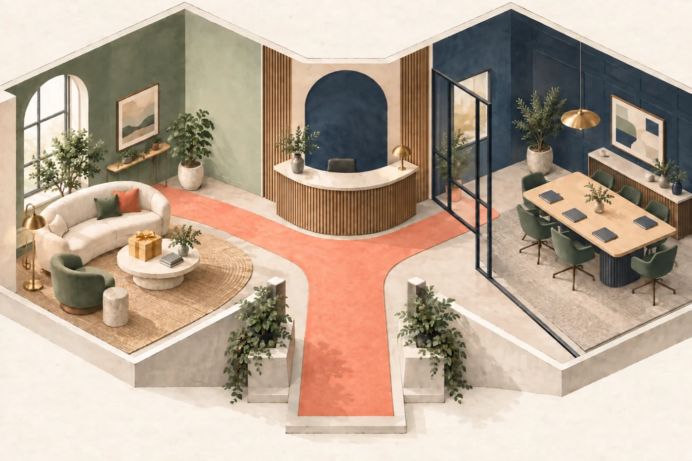 Architectural illustration of an employee welcome lounge with a gift box and a business meeting room connected by a coral walkway.