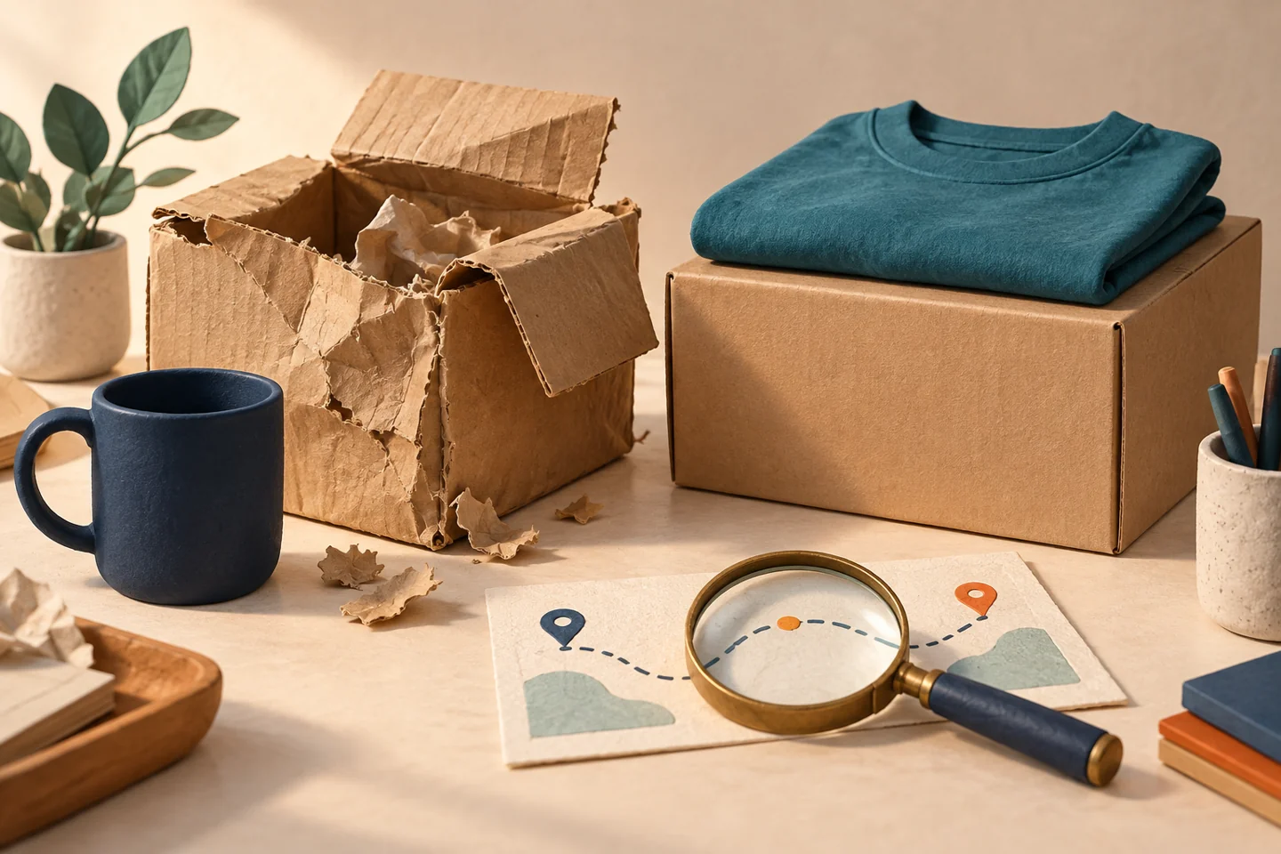 Conceptual illustration of a damaged parcel beside a navy mug, a replacement box with a teal shirt, and a magnifying glass over a delivery route.