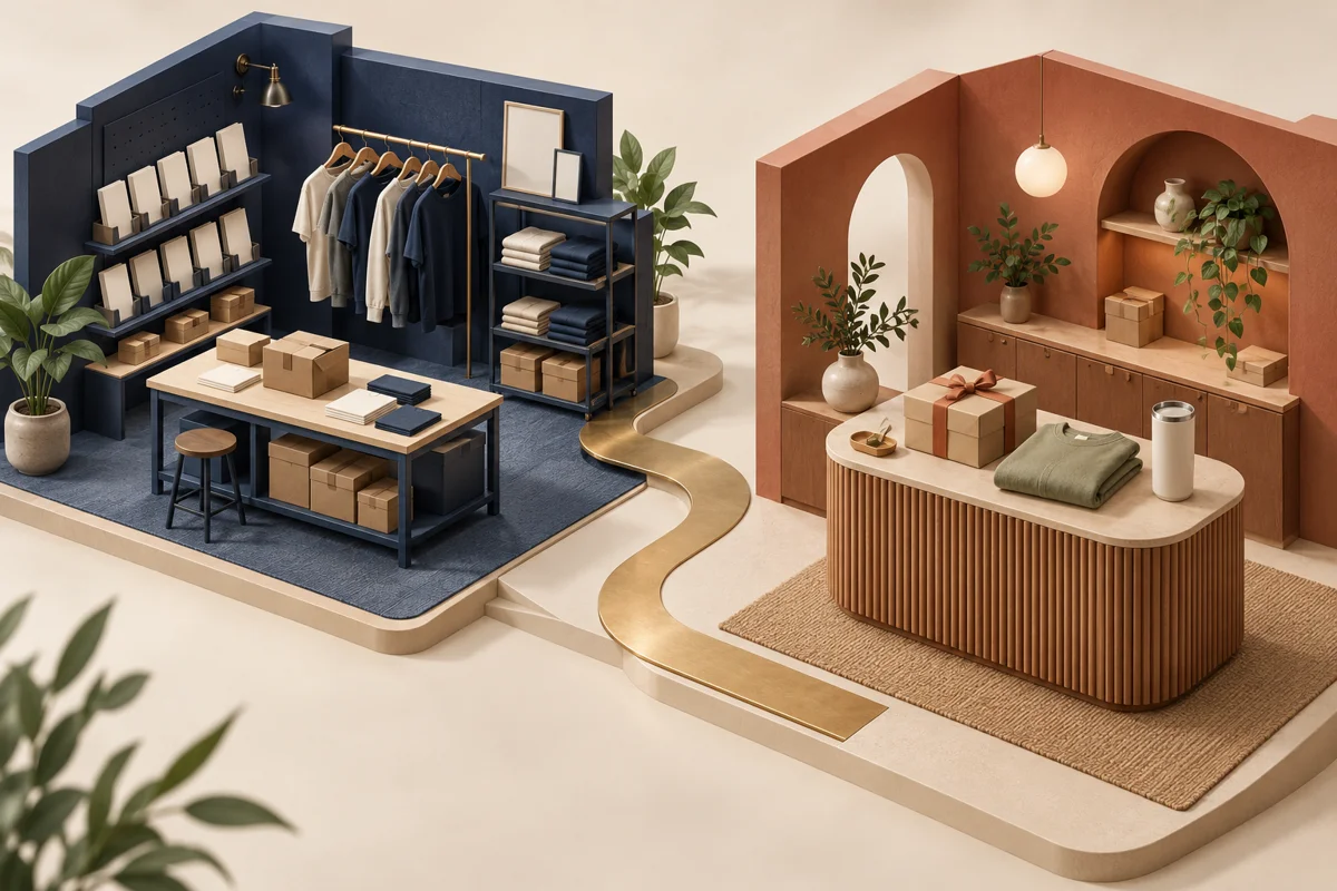 Conceptual miniature retail workshop and managed gift counter connected by a brass path, with unbranded apparel and parcels.