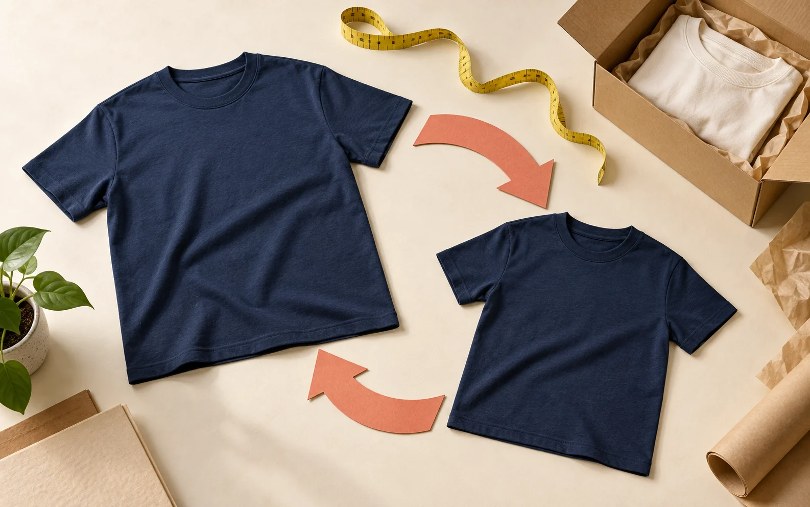 Conceptual apparel exchange with two navy shirts in different sizes, coral return arrows, a yellow measuring tape and an open shipping box.