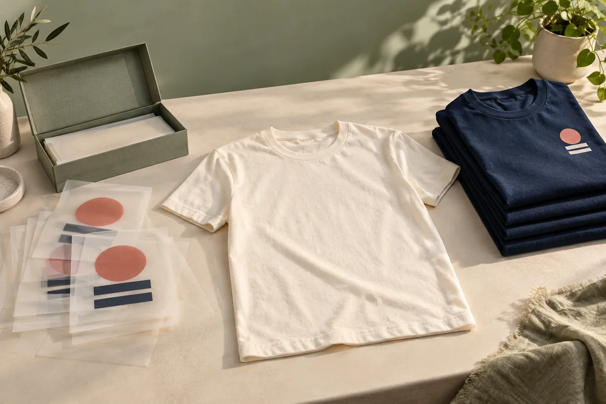 Conceptual still life of printed transfer sheets beside a blank ivory T-shirt and folded navy shirts with abstract geometric decoration.