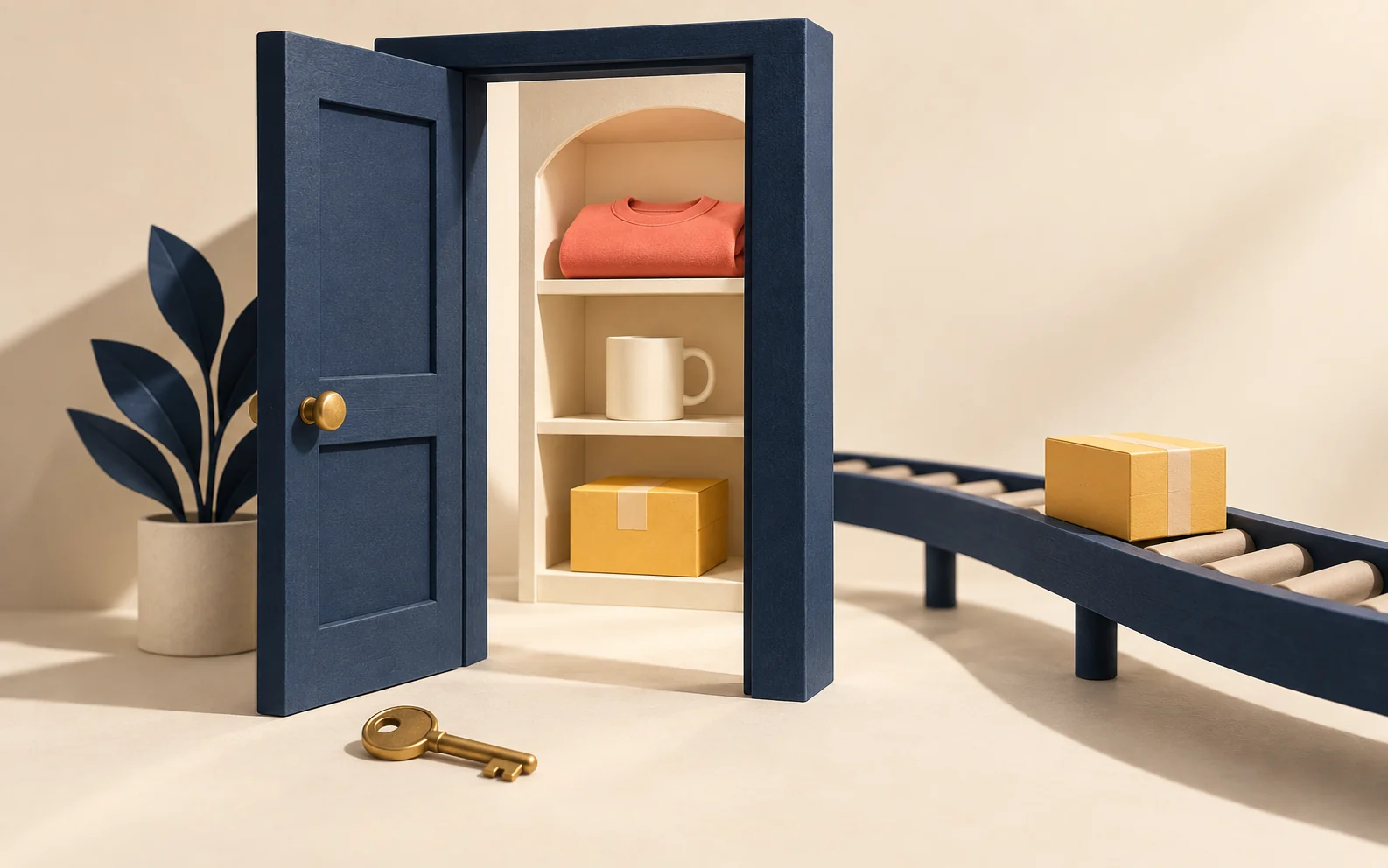 A navy doorway and brass key beside shelves of unbranded merchandise, with a separate parcel on a curved dispatch conveyor.