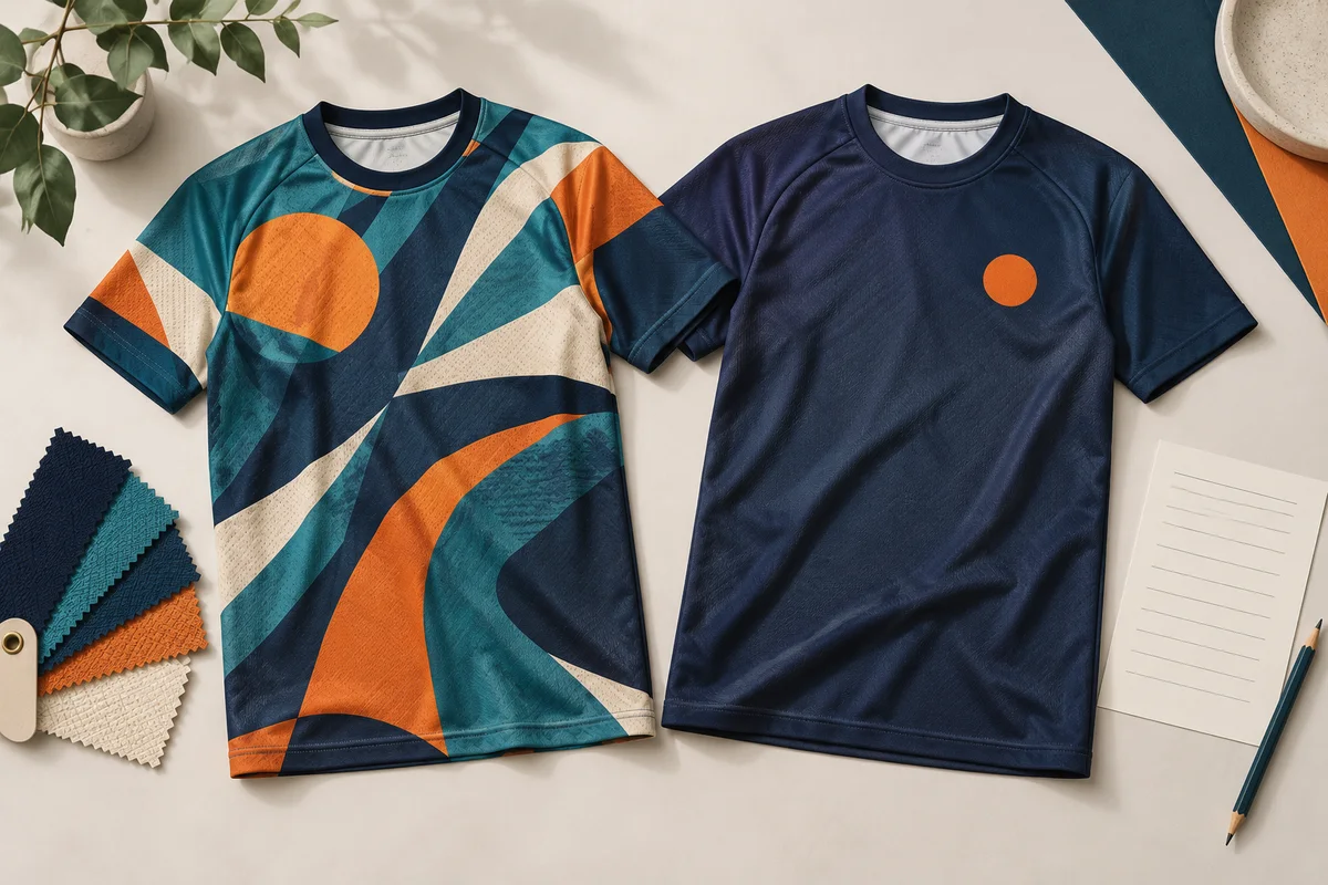 Conceptual illustration of a patterned athletic jersey and a navy jersey with a small orange chest mark, beside fabric swatches and a blank roster card.