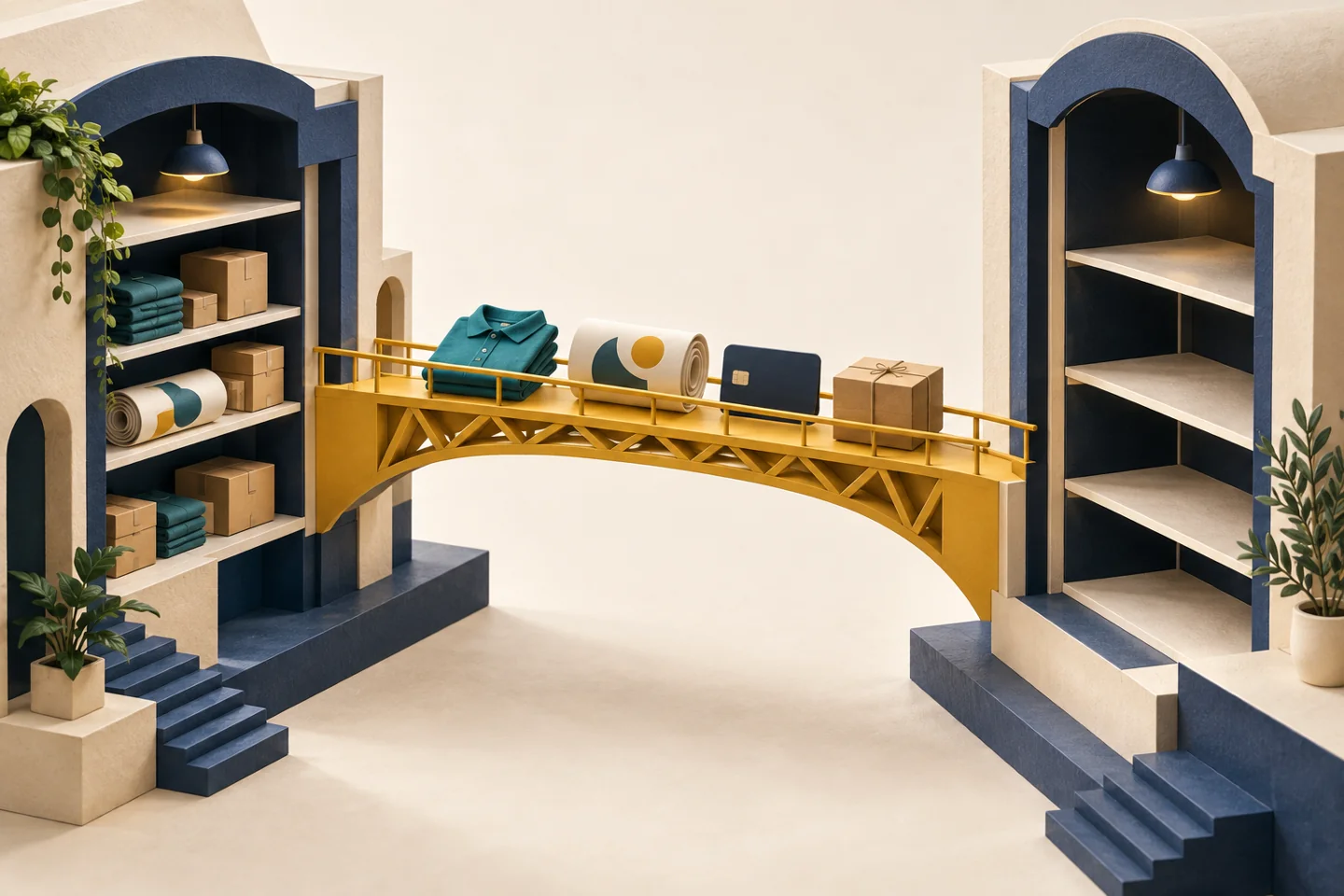 A yellow bridge between two miniature navy storefront shelves carries a folded polo, artwork roll, gift card and parcel.