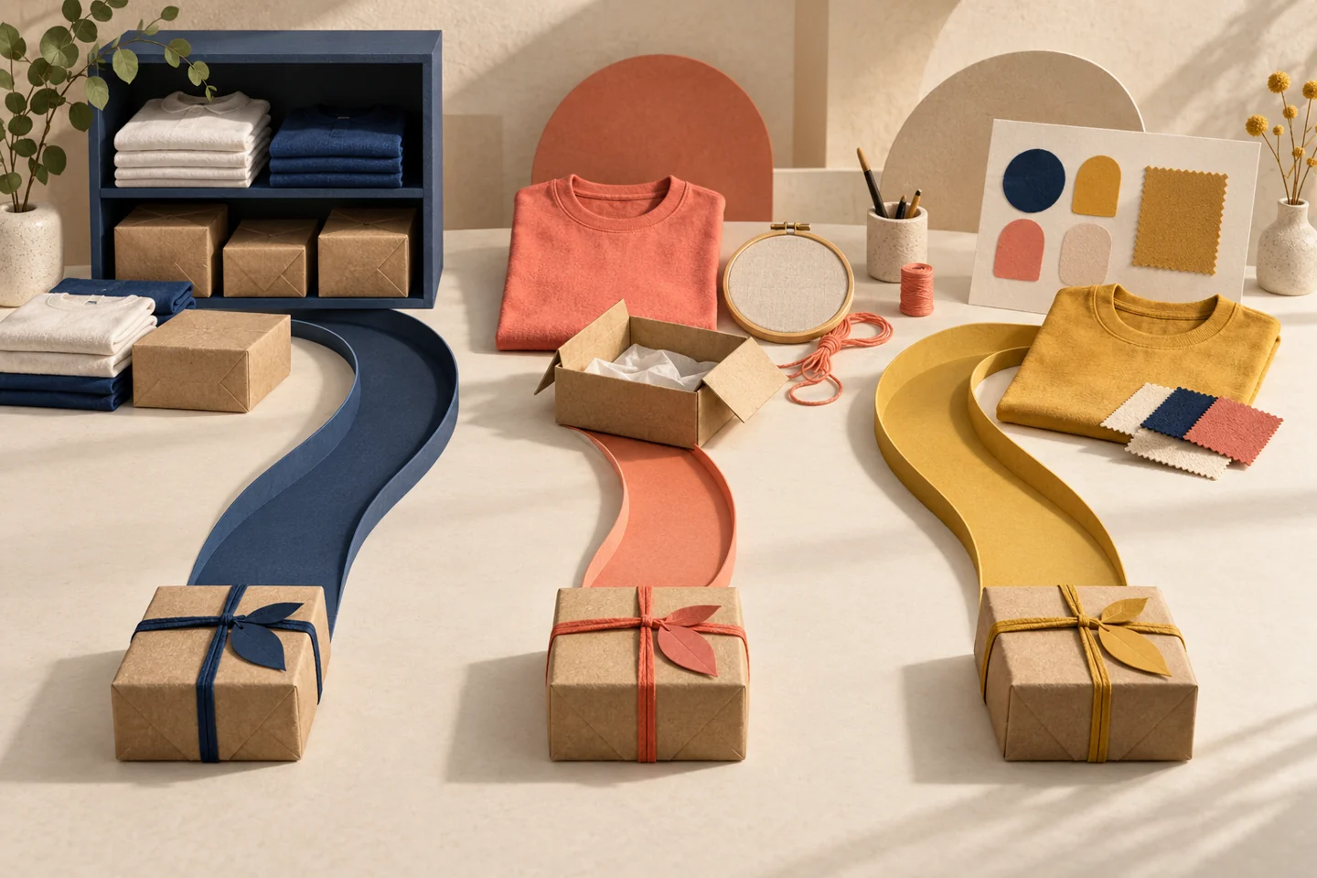 Three paper paths connect stocked shirts, a made-to-order shirt and a design workspace to separate gift parcels.