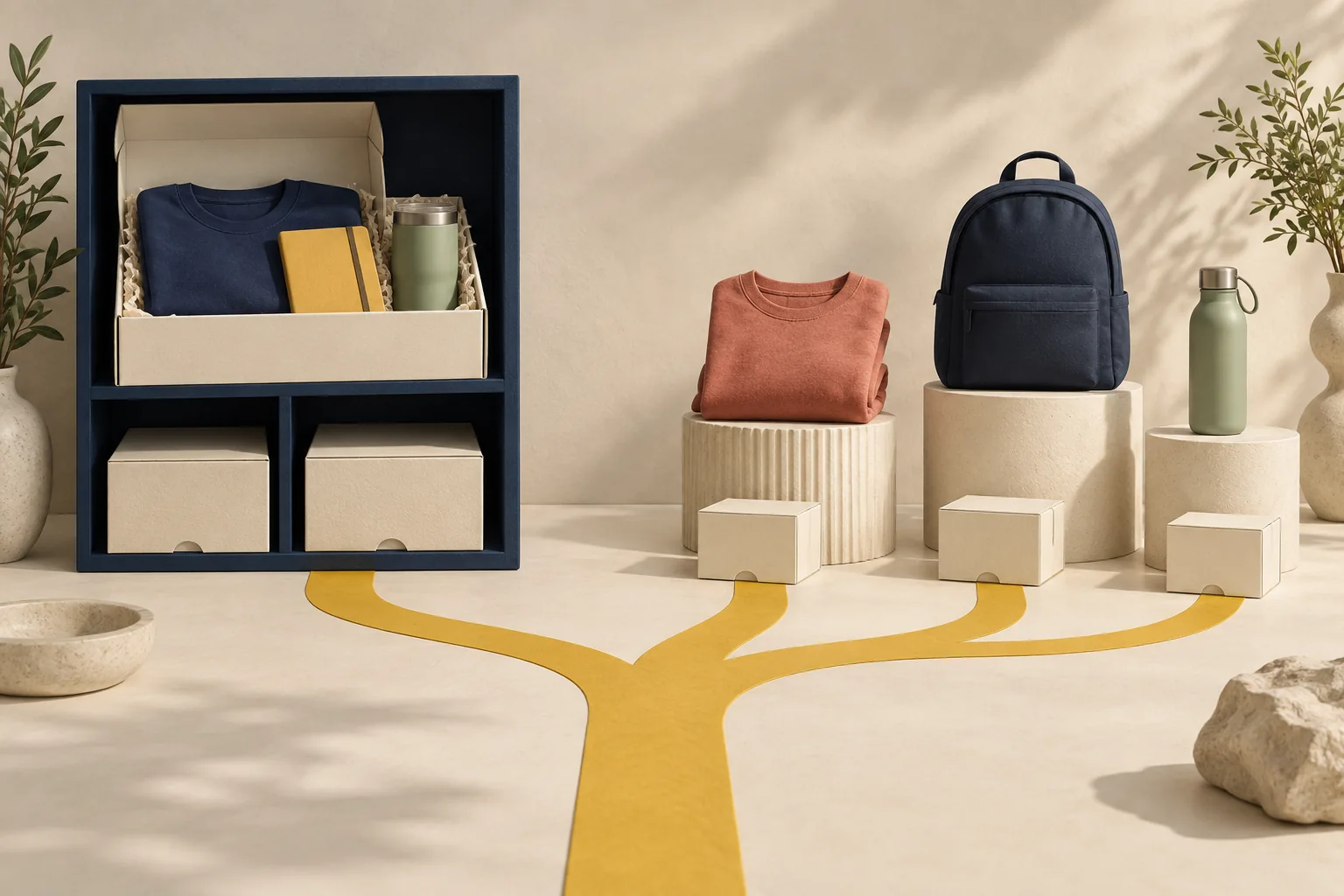 Conceptual illustration of prebuilt gift boxes on a navy shelf beside individual apparel, backpack and bottle choices connected by branching yellow paths.