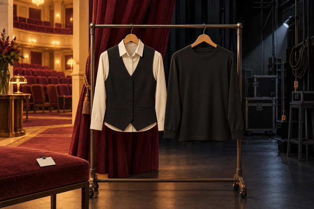 Conceptual theatre scene with an usher vest and pale collared shirt beside a plain black crew shirt, between a warm auditorium and a dark backstage wing.