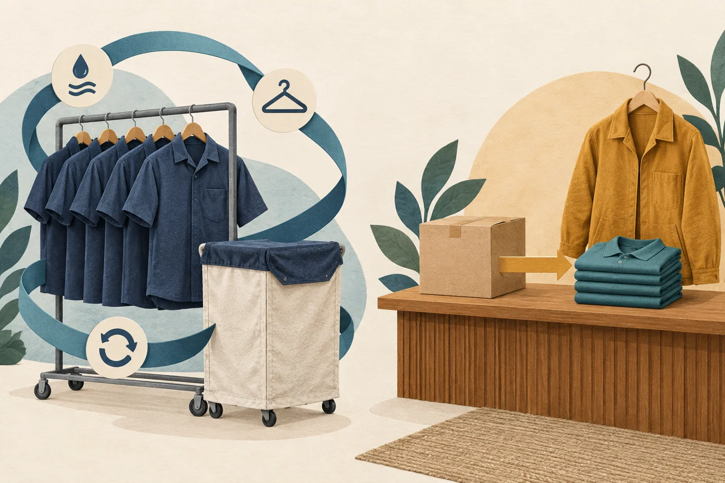 Editorial illustration contrasting a circulating laundry rack of navy uniforms with purchased polos and a jacket beside a delivery box.