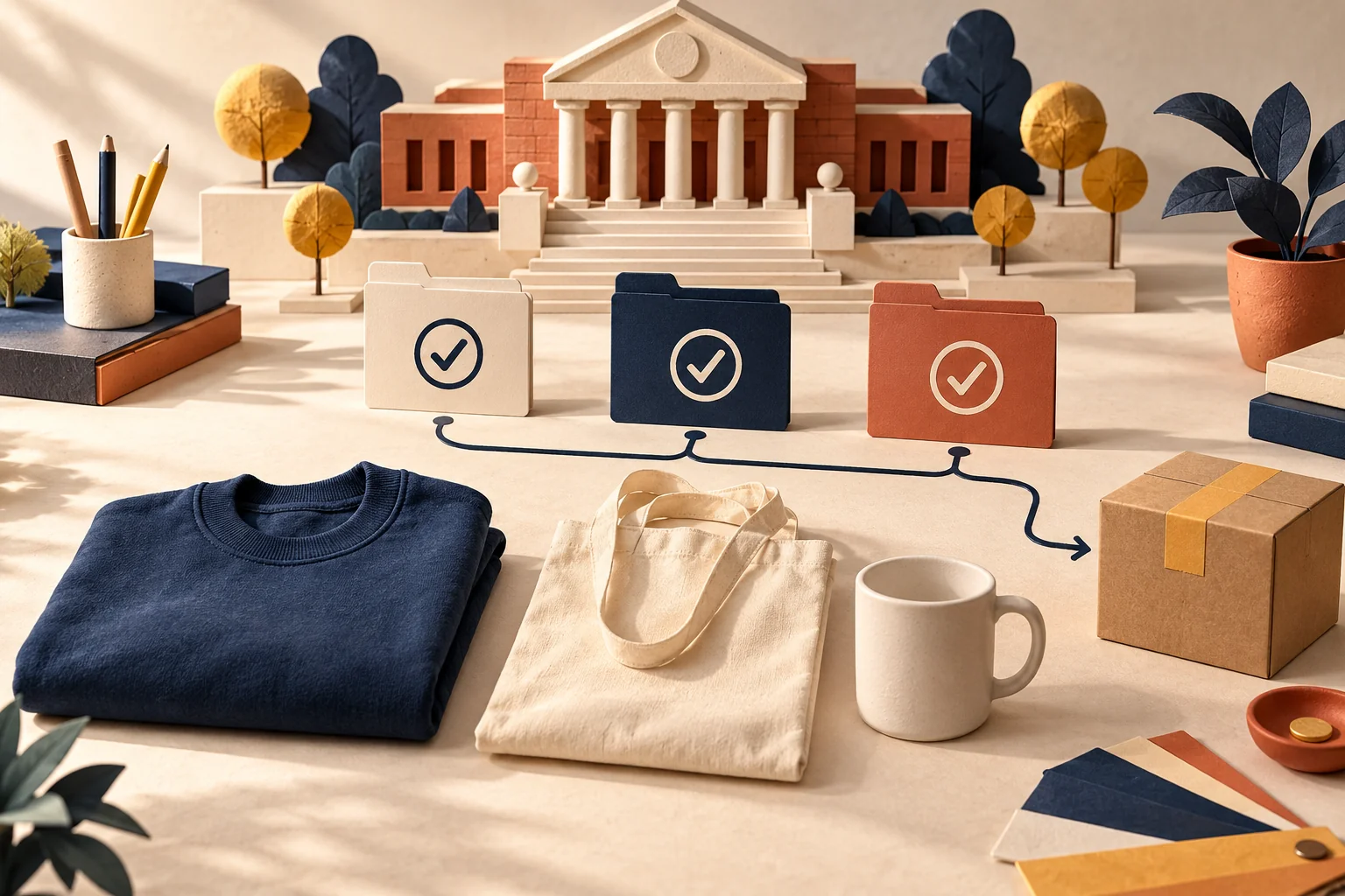 Conceptual university planning desk with three checked approval folders, a blank sweatshirt, tote and mug, and a parcel awaiting release.
