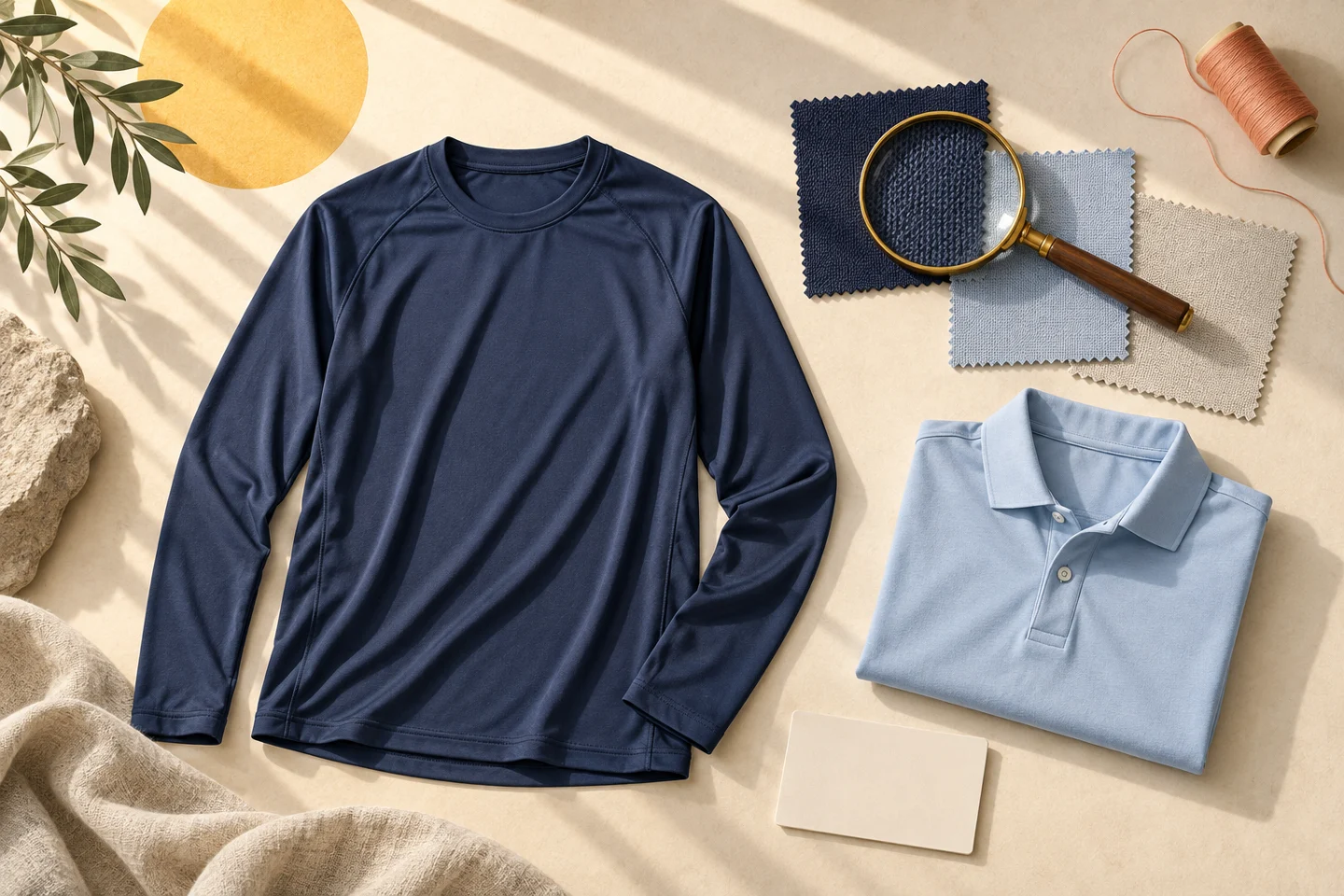 Textured editorial illustration of a navy long-sleeve shirt, folded pale blue polo, fabric swatches and magnifying glass under a yellow sun disk.