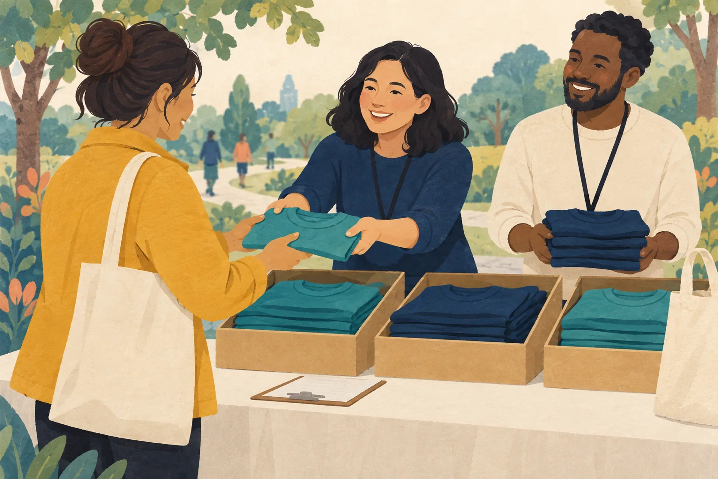 Two coordinators hand a folded teal T-shirt to a volunteer at a park check-in table with sorted stacks of teal and navy shirts.