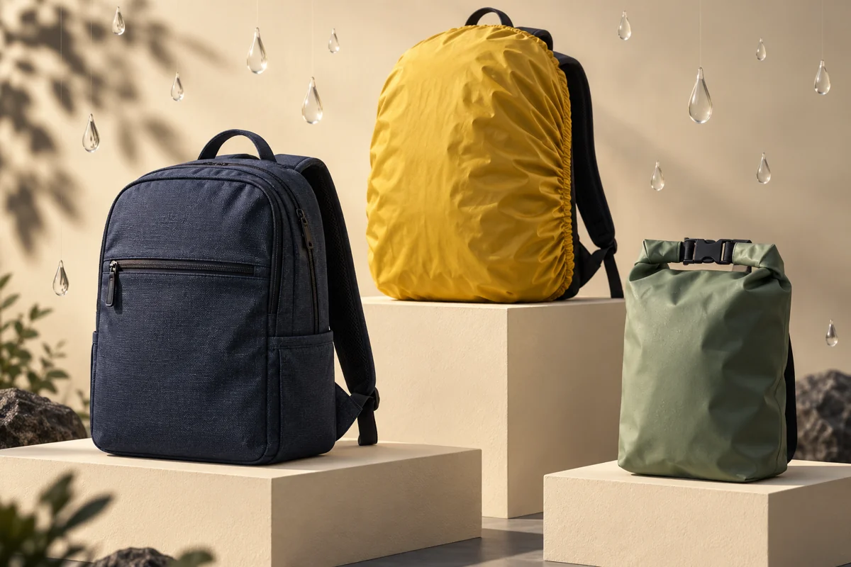 Conceptual studio illustration of a navy commuter backpack, a yellow raincover on a second pack and a sage roll-top dry bag beneath suspended raindrop shapes.