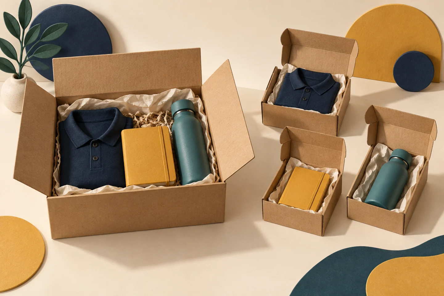 Conceptual paper-and-clay illustration of a shirt, notebook and bottle packed in one welcome box beside three separate product parcels.