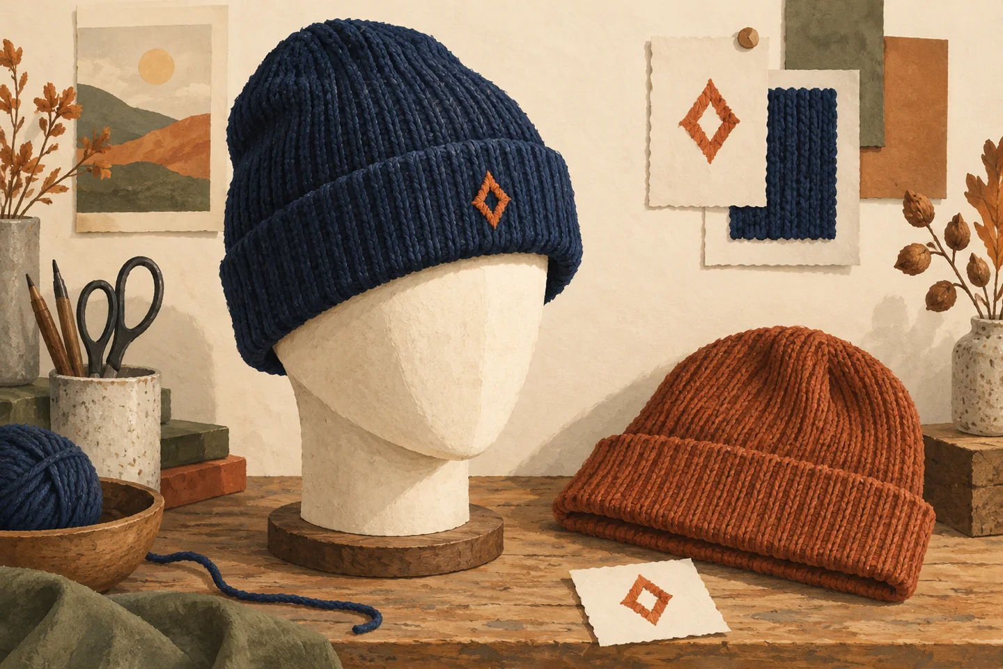 Editorial illustration of a navy cuffed beanie with an orange diamond mark on a head form, beside a rust beanie and artwork swatch.