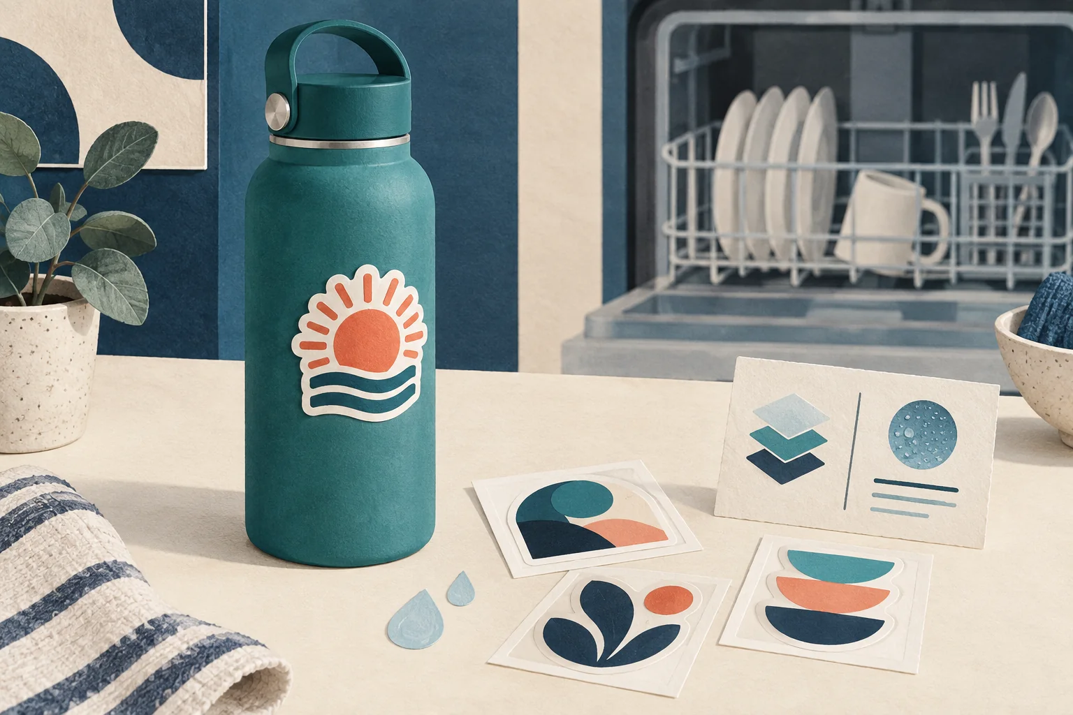 Cut-paper editorial illustration of a teal bottle with a coral sun sticker beside loose sticker samples.