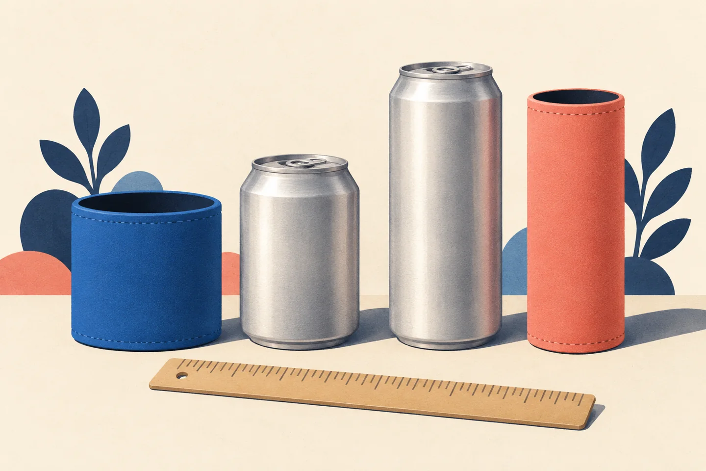 Editorial illustration of short wide and tall narrow beverage cans beside matching blue and coral fabric can coolers and a ruler.