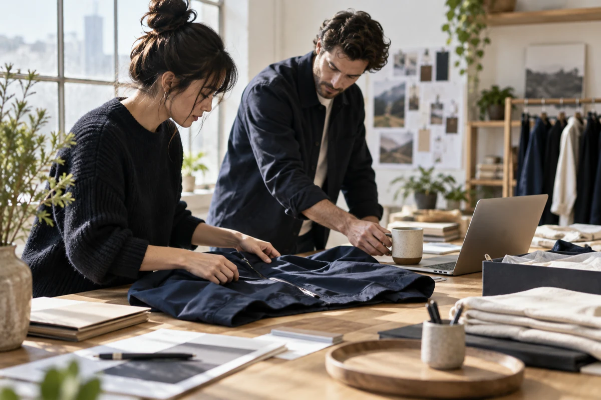 Editorial illustration: A company-store launch planning session: close side view of two colleagues arranging a navy jacket and ceramic mug beside an open laptop on a long oak studio table. Natural morning window light, human and candid, no posed smiles.