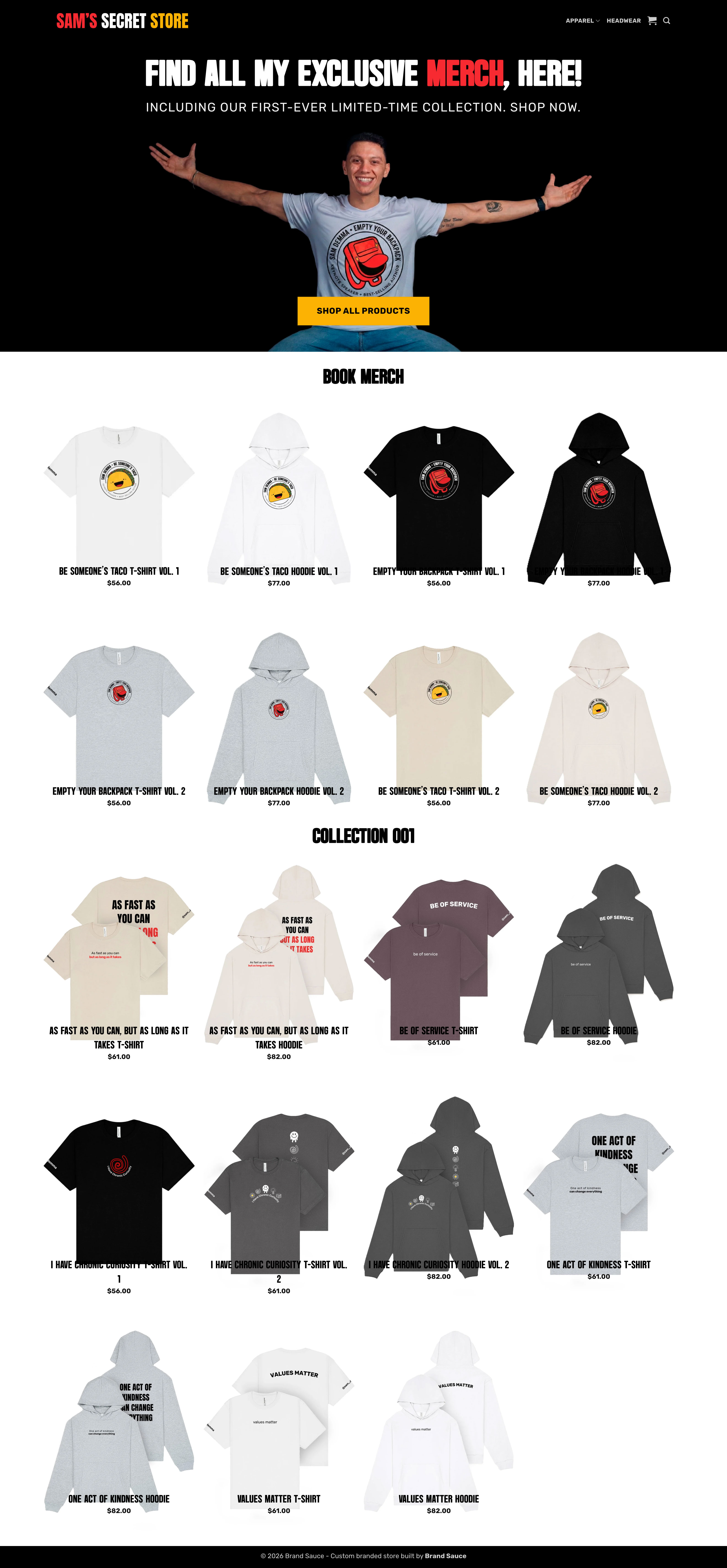 Brand Sauce merchandise and company-store imagery