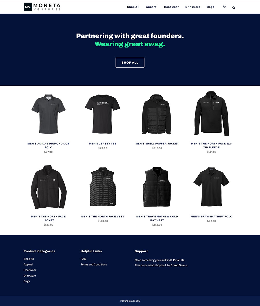 Brand Sauce merchandise and company-store imagery