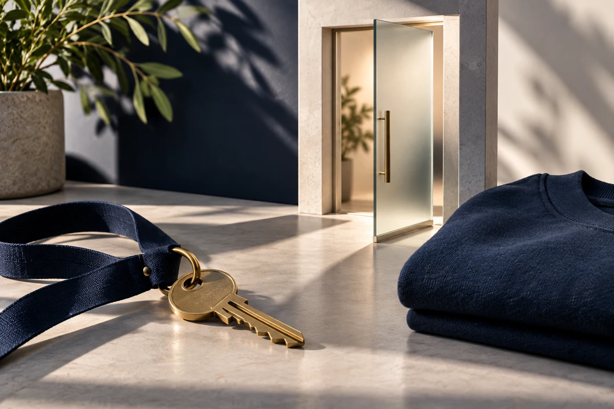 Editorial illustration: Company-store access concept: close-up elegant brass key on a navy lanyard beside a miniature frosted-glass doorway and folded sweatshirt; conceptual studio photo with hard directional shadows.