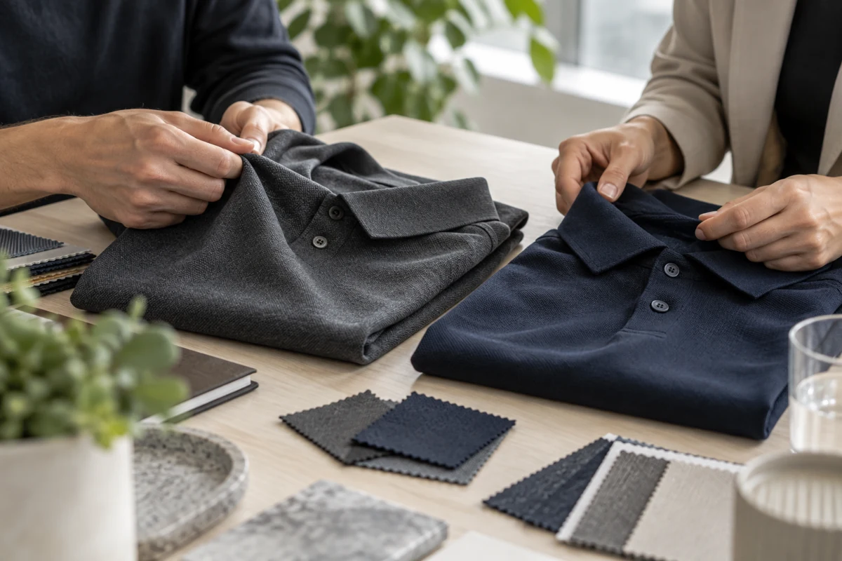 Editorial illustration: Merchandise procurement meeting: two professionals comparing the fabric quality of charcoal and navy polos with sample bags on a light meeting table. Focus on hands and textures, no faces required.