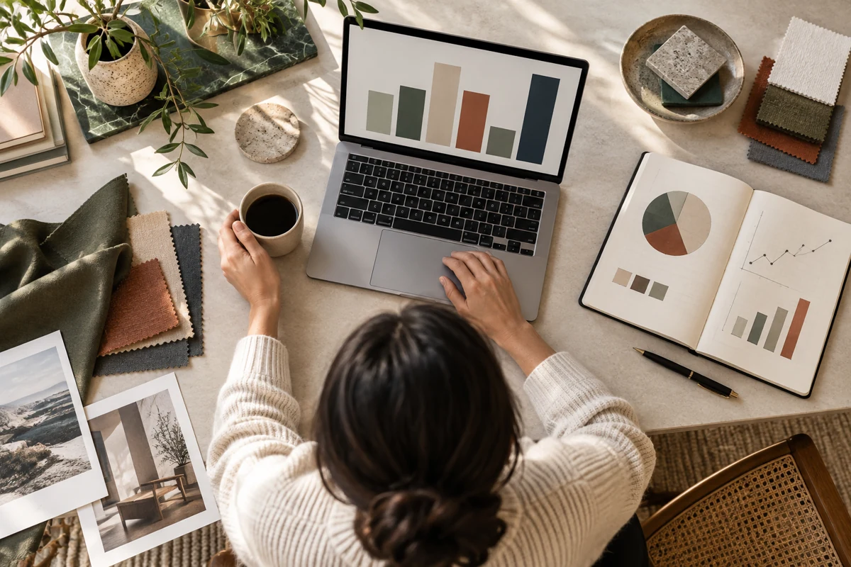 Editorial illustration: Company-store reporting: analyst desk from overhead, laptop with abstract colored bars (no lettering), physical fabric sample, coffee and notebook with simple geometric charts, naturally lit modern workspace.
