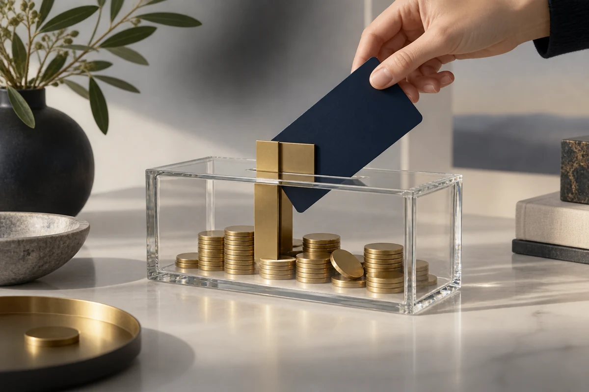 Editorial illustration: Coupon budget control: navy gift card sliding into an elegant transparent box with neatly arranged brass tokens, small physical slider gate limiting tokens, conceptual still life, no currency or numbers.