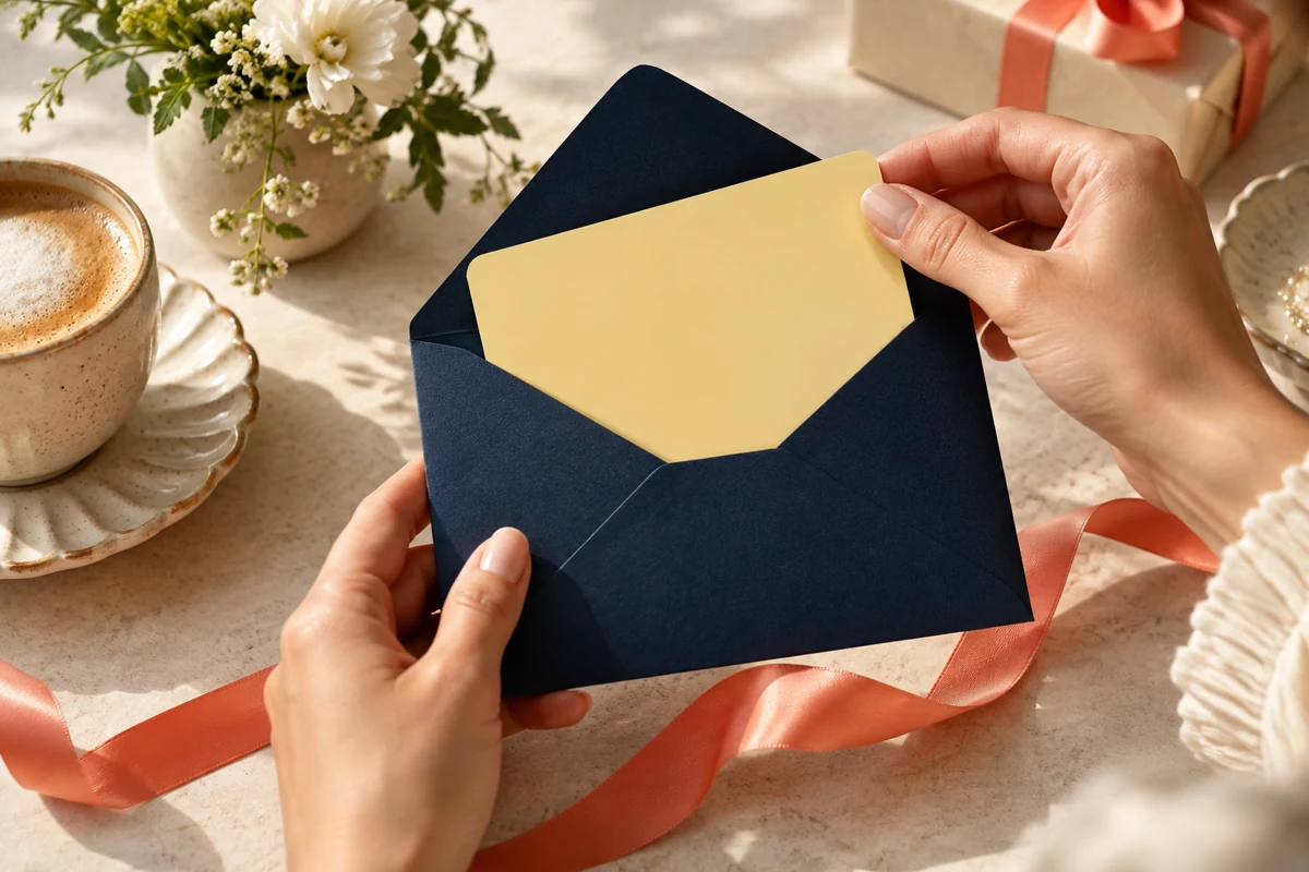Editorial illustration: Gift-card campaign launch: close-up navy envelope being opened to reveal a blank butter-yellow gift card, slim coral ribbon and tasteful ceramic cup on cream table. Elegant celebratory editorial photo.